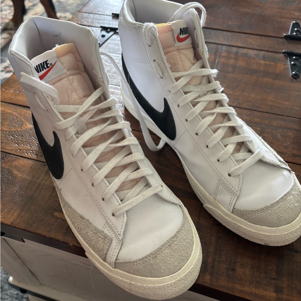 Nike Men’s White High-Top Sneakers with Black Swoosh and Cream Accents